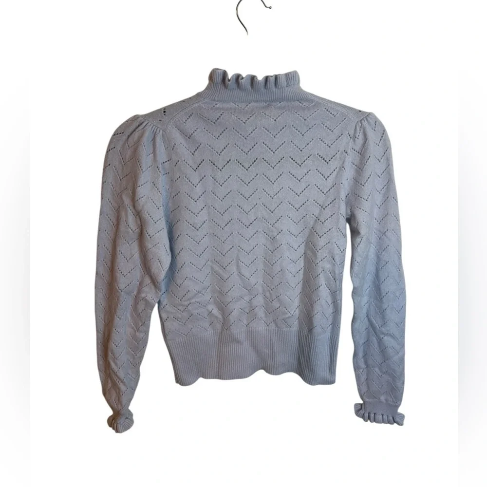 J.Crew Shale Blue Cashmere Pointelle Ruffle Mock Neck Sweater